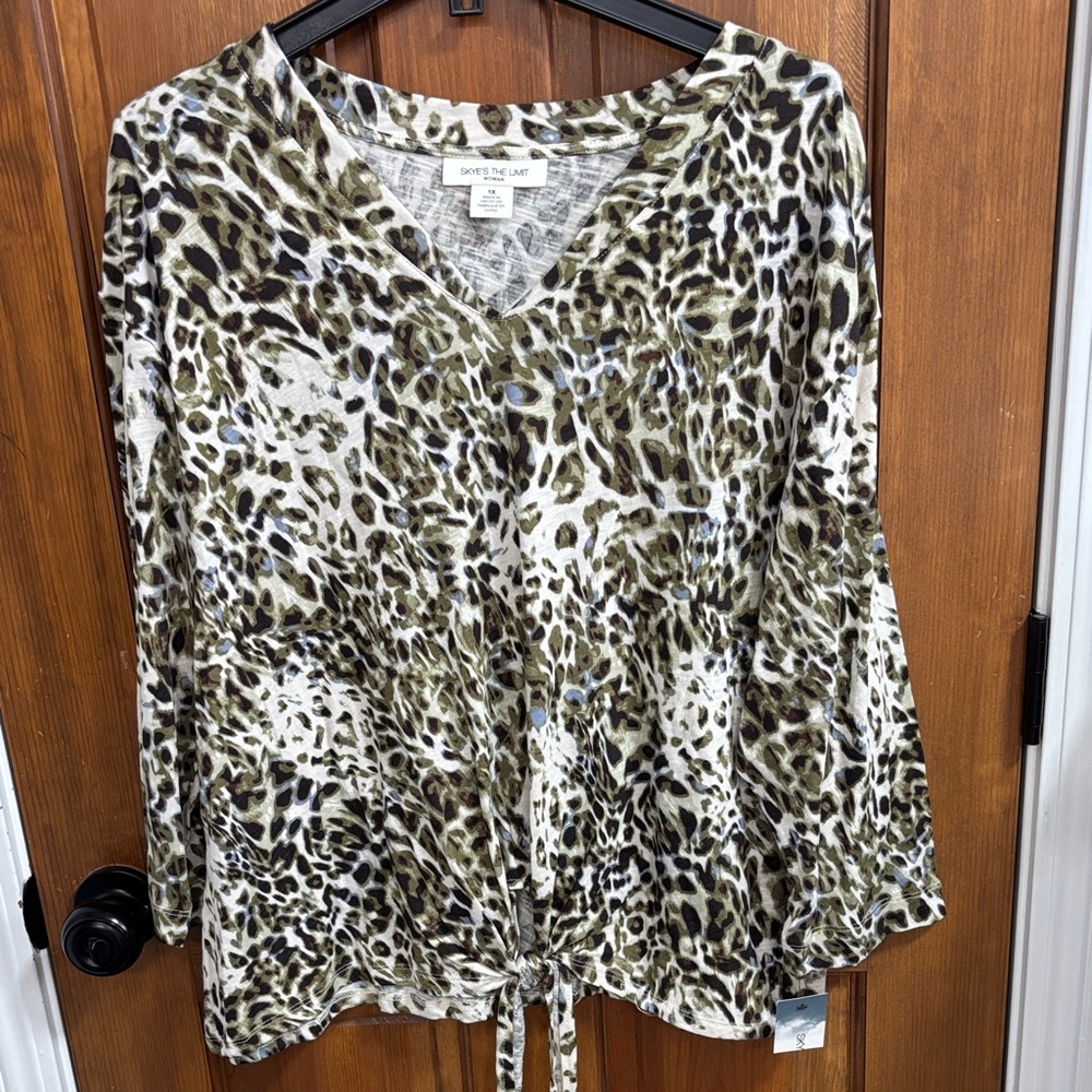 Skye's The Limit Boho Animal Print Tie Front V-Neck Blouse Brown Black Size 1X